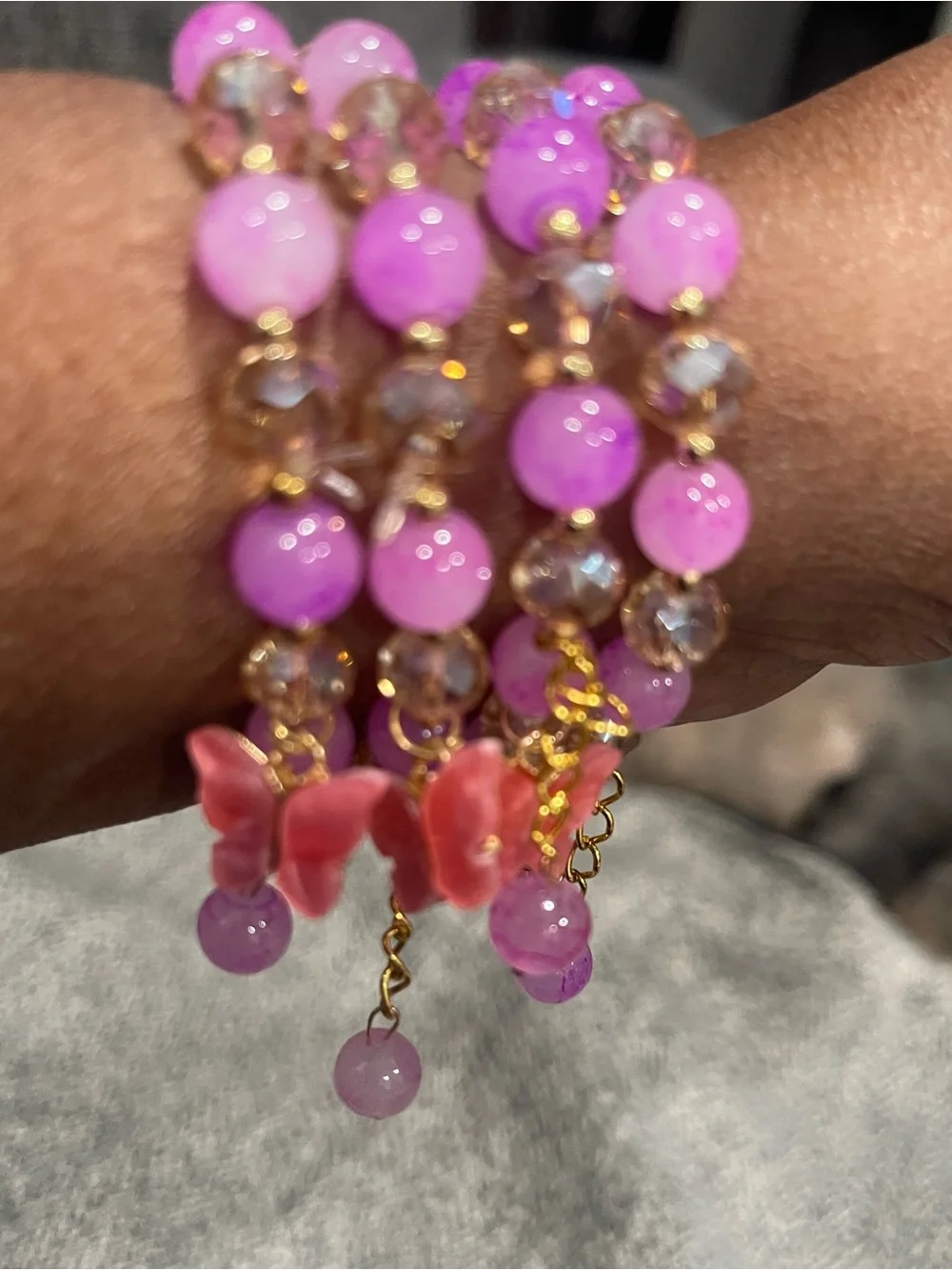 Set of 4 Pink Butterfly Beaded Stretch Bracelet - Women's Jewelry